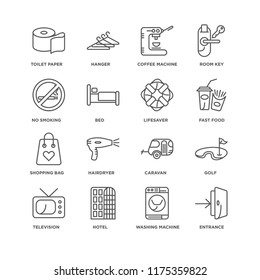 Set Of 16 simple line icons such as Entrance, Washing machine, Hotel, Television, Golf, Toilet paper, No smoking, Shopping bag, Lifesaver, editable stroke icon pack, pixel perfect