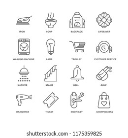 Set Of 16 simple line icons such as Shopping bag, Room key, Ticket, Hairdryer, Golf, Iron, Washing machine, Shower, Trolley, editable stroke icon pack, pixel perfect