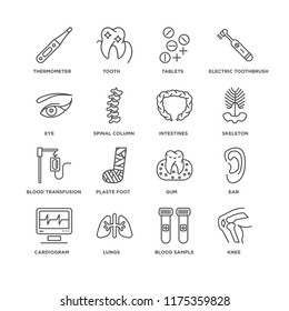 Set Of 16 simple line icons such as Knee, Blood sample, Lungs, Cardiogram, Ear, Thermometer, Eye, transfusion, Intestines, editable stroke icon pack, pixel perfect