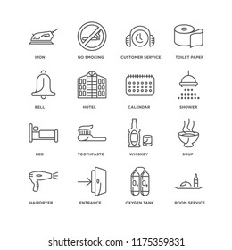 Set Of 16 simple line icons such as Room service, Oxygen tank, Entrance, Hairdryer, Soup, Iron, Bell, Bed, Calendar, editable stroke icon pack, pixel perfect