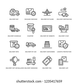 Set Of 16 simple line icons such as Delivery List, Tag, Weighing, Hot air balloon, delivery Schedule, editable stroke icon pack, pixel perfect