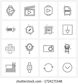 Set of 16 Simple Line Icons for Web and Print such as gate board; gate; smart watch; doc; file type Vector Illustration