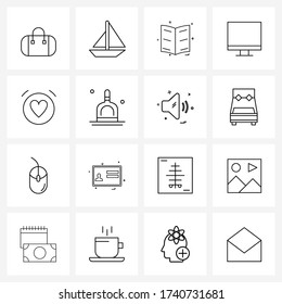 Conjunto de 16 iconos de línea simples para Web e impresión, como el corazón; reloj; mapa; alarma; iluminación de vectores de monitor