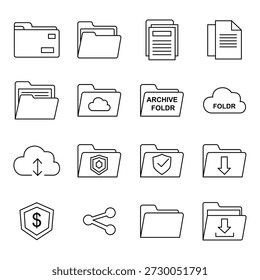 A set of 16 simple line icons representing various file and folder concepts