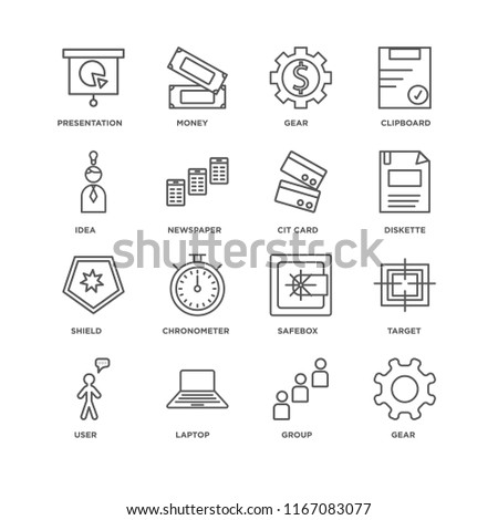 Set Of 16 simple line icons such as Gear, Group, Laptop, User, Target, Presentation, Idea, Shield, Cit card, editable stroke icon pack, pixel perfect