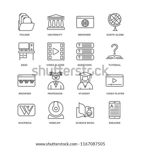 Set Of 16 simple line icons such as Ereader, Science book, Webcam, Wikipedia, Video player, Folder, Desk, Browser, Questions, editable stroke icon pack, pixel perfect