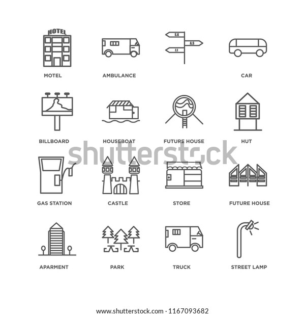 Set Of 16 simple line icons such as\
Street lamp, Truck, Park, Aparment, Future House, Motel, Billboard,\
Gas station, editable stroke icon pack, pixel\
perfect