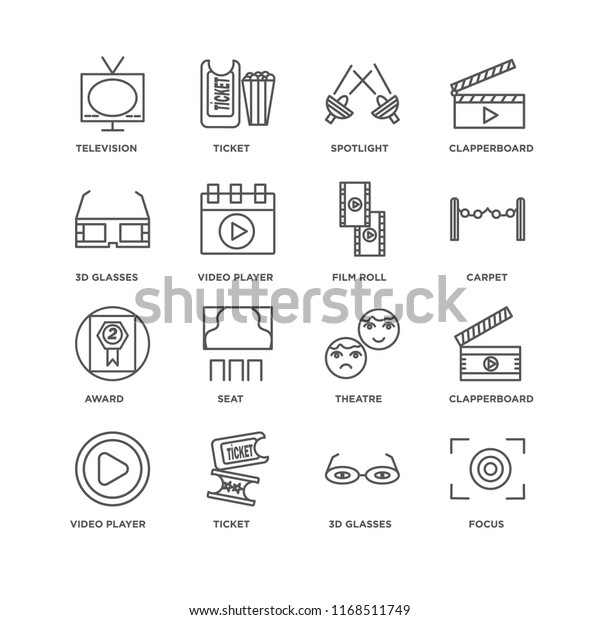 Set Of 16 simple line icons such\
as Focus, 3d glasses, Ticket, Video player, Clapperboard,\
Television, Award, Film roll, editable stroke icon pack, pixel\
perfect
