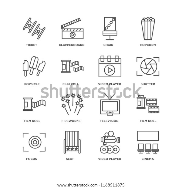 Set Of 16 simple line icons such as Cinema, Video\
player, Seat, Focus, Film roll, Ticket, Popsicle, editable stroke\
icon pack, pixel perfect