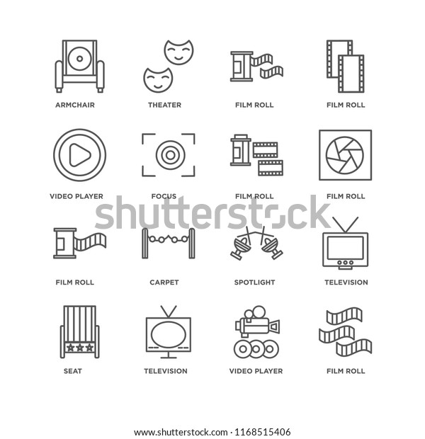 Set Of 16 simple line icons such as Film roll,\
Video player, Television, Seat, Armchair, editable stroke icon\
pack, pixel perfect