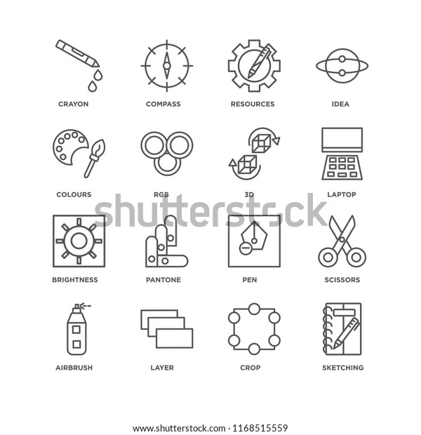 Set Of 16 simple line icons such as\
Sketching, Crop, Layer, Airbrush, Scissors, Crayon, Colours,\
Brightness, 3d, editable stroke icon pack, pixel\
perfect
