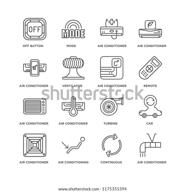 Set Of 16 simple line icons such as Air\
conditioner, Continuous, Off button, Car, Turbine, Mode, editable\
stroke icon pack, pixel\
perfect