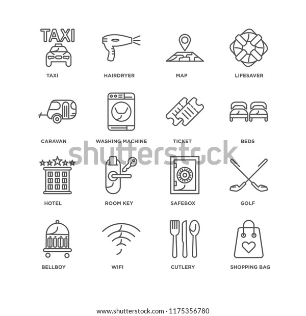 Set Of 16 simple line icons such as\
Shopping bag, Cutlery, Wifi, Bellboy, Golf, Taxi, Caravan, Hotel,\
Ticket, editable stroke icon pack, pixel\
perfect
