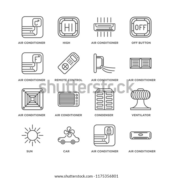 Set\
Of 16 simple line icons such as Air conditioner, Car, Sun,\
Ventilator, editable stroke icon pack, pixel\
perfect
