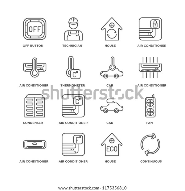 Set Of 16 simple line icons such as Continuous,\
House, Air conditioner, Fan, Off button, Condenser, Car, editable\
stroke icon pack, pixel\
perfect