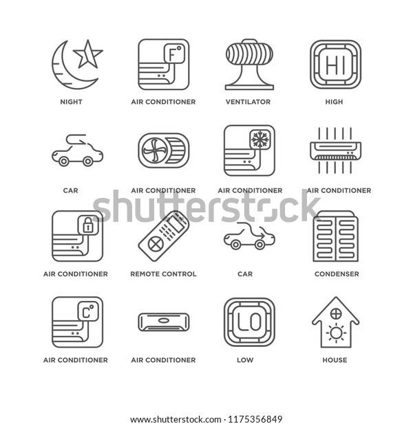 Set Of 16 simple line icons such as House, Low,\
Air conditioner, Condenser, Night, Car, editable stroke icon pack,\
pixel perfect