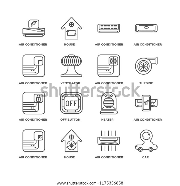 Set Of 16 simple line icons such as Car, Air\
conditioner, Heater, Off button, House, editable stroke icon pack,\
pixel perfect