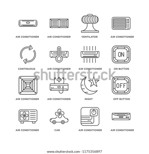 Set Of 16 simple\
line icons such as Air conditioner, Off button, Night, editable\
stroke icon pack, pixel\
perfect