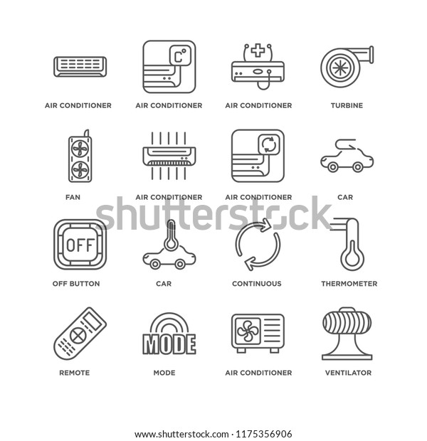 Set Of 16 simple line icons such as\
Ventilator, Air conditioner, Mode, Remote, Thermometer, Fan, Off\
button, editable stroke icon pack, pixel\
perfect