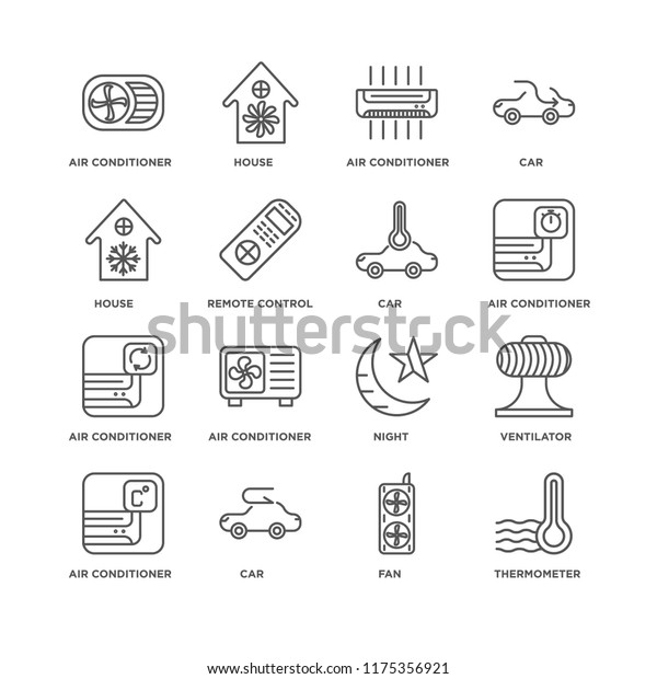 Set Of 16 simple line icons such as Thermometer,\
Fan, Car, Air conditioner, Ventilator, House, editable stroke icon\
pack, pixel perfect