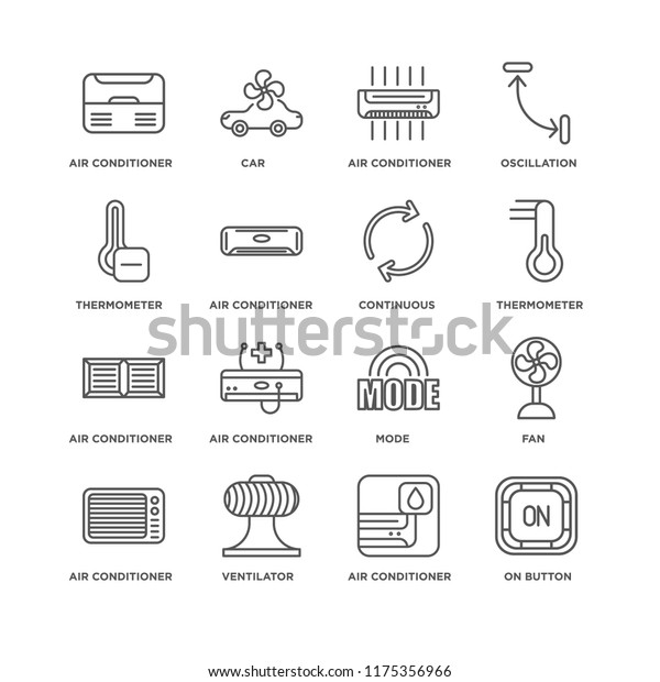 Set Of 16 simple line icons such as\
On button, Air conditioner, Ventilator, Fan, Thermometer,\
Continuous, editable stroke icon pack, pixel\
perfect