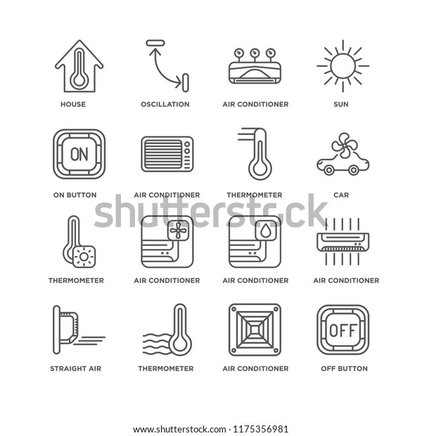 Set Of 16 simple line icons such as Off\
button, Air conditioner, Thermometer, Straight air, House, On\
editable stroke icon pack, pixel\
perfect