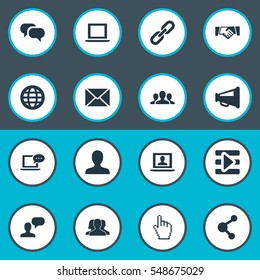 Set Of 16 Simple Media Icons. Can Be Found Such Elements As Chat, Cursor, Team And Other.