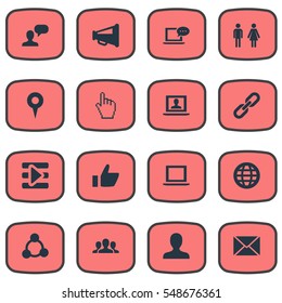 Set Of 16 Simple Media Icons. Can Be Found Such Elements As Genus, Web, Vote And Other.