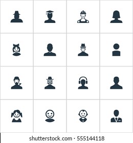Set Of 16 Simple Member Icons. Can Be Found Such Elements As Postgraduate, Moustache Man, Girl Face And Other.