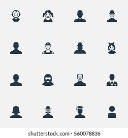 Set Of 16 Simple Member Icons. Can Be Found Such Elements As Spy, Woman User, Girl Face And Other.