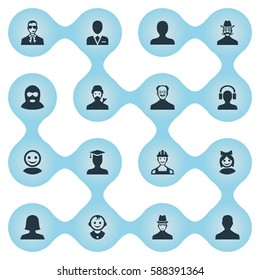 Set Of 16 Simple Member Icons. Can Be Found Such Elements As Proletarian, Young Shaver, Workman And Other.