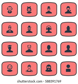 Set Of 16 Simple Member Icons. Can Be Found Such Elements As Bodyguard, Male With Headphone, Insider And Other.