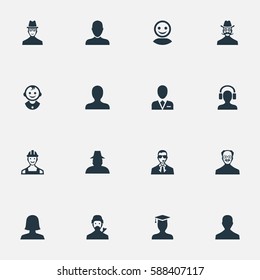 Set Of 16 Simple Member Icons. Can Be Found Such Elements As Postgraduate, Whiskers Man, Workman And Other.