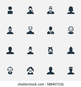 Set Of 16 Simple Member Icons. Can Be Found Such Elements As Woman User, Male User, Whiskers Man And Other.