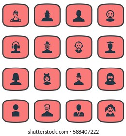 Set Of 16 Simple Member Icons. Can Be Found Such Elements As Woman User, Felon, Insider And Other.