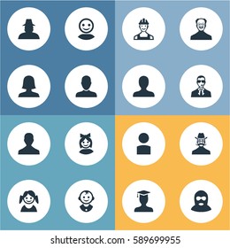 Set Of 16 Simple Member Icons. Can Be Found Such Elements As Girl Face, Felon, Little Girl And Other.