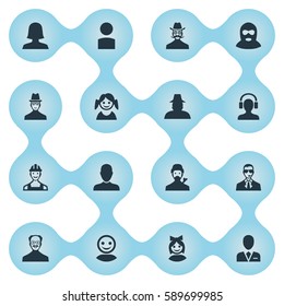 Set Of 16 Simple Member Icons. Can Be Found Such Elements As Moustache Man, Proletarian, Male With Headphone And Other.