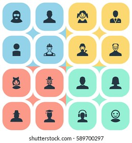 Set Of 16 Simple Member Icons. Can Be Found Such Elements As Male User, Job Man, Male With Headphone And Other.