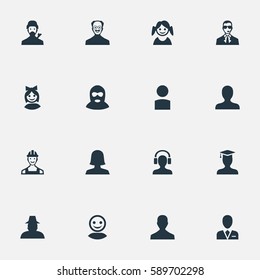 Set Of 16 Simple Member Icons. Can Be Found Such Elements As Girl Face, Felon, Portrait And Other.