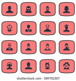 Set Of 16 Simple Member Icons. Can Be Found Such Elements As Workman, Young Shaver, Spy And Other.