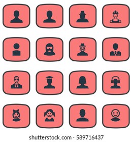 Set Of 16 Simple Member Icons. Can Be Found Such Elements As Internet Profile, Moustache Man, Insider And Other.