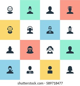 Set Of 16 Simple Member Icons. Can Be Found Such Elements As Agent, Mysterious Man, Woman User And Other.