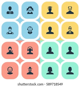 Set Of 16 Simple Member Icons. Can Be Found Such Elements As Proletarian, Bodyguard, Postgraduate And Other.
