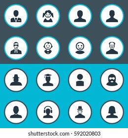 Set Of 16 Simple Member Icons. Can Be Found Such Elements As Felon, Male User, Portrait And Other.