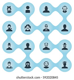 Set Of 16 Simple Member Icons. Can Be Found Such Elements As Young Shaver, Whiskers Man, Mysterious Man And Other.