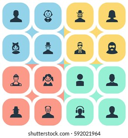 Set Of 16 Simple Member Icons. Can Be Found Such Elements As Moustache Man, Woman User, Job Man And Other.