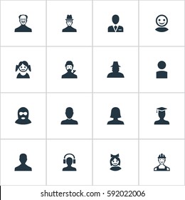 Set Of 16 Simple Member Icons. Can Be Found Such Elements As Proletarian, Girl Face, Workman And Other.
