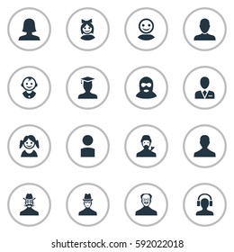 Set Of 16 Simple Member Icons. Can Be Found Such Elements As Spy, Mysterious Man, Job Man And Other.