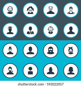Set Of 16 Simple Member Icons. Can Be Found Such Elements As Girl Face, Felon, Workman And Other.