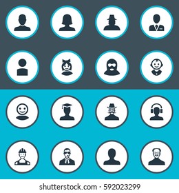 Set Of 16 Simple Member Icons. Can Be Found Such Elements As Job Man, Proletarian, Young Shaver And Other.